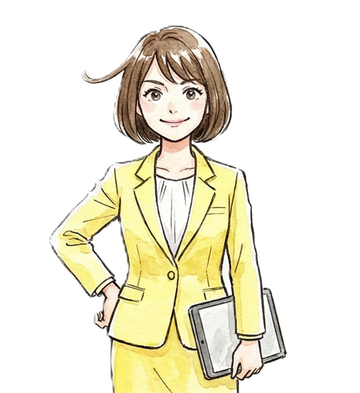 タブレットを持つ黄色いスーツの女性のイラスト