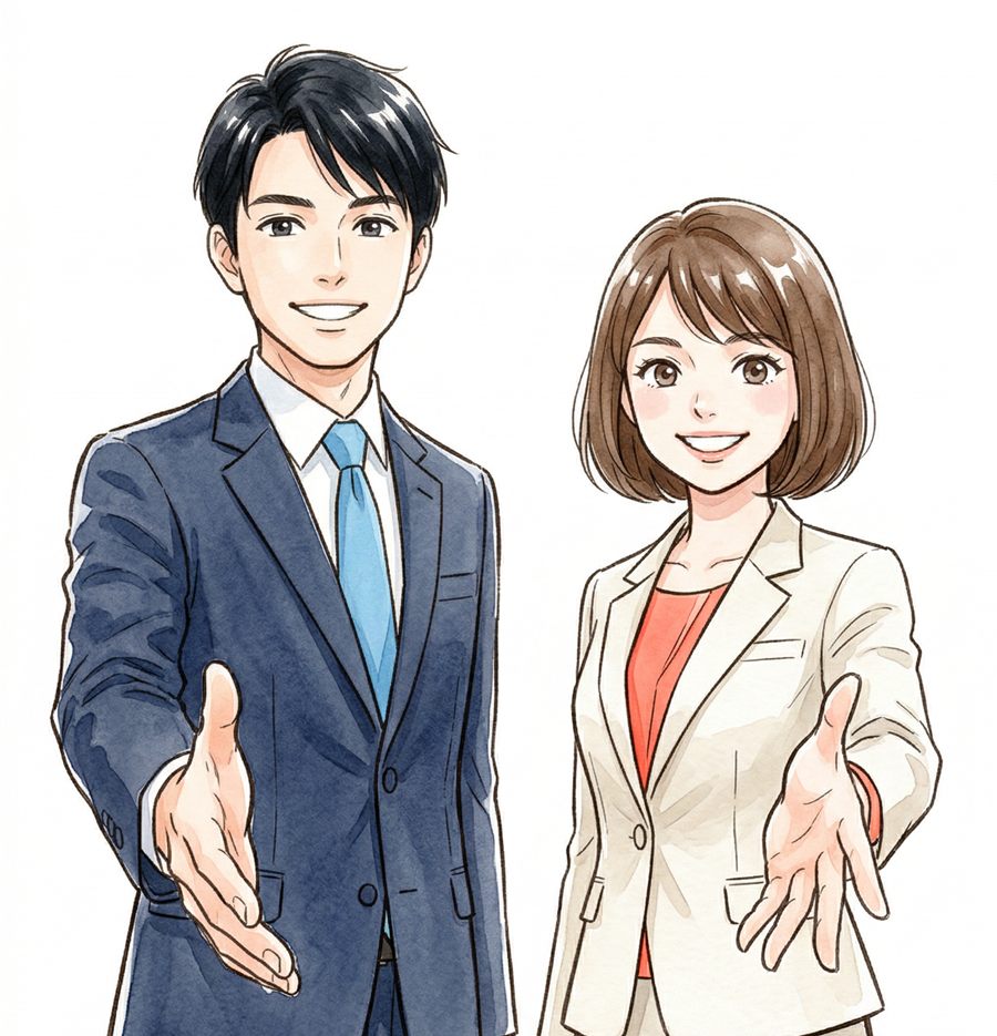 握手を求める笑顔のスーツ姿の男女のイラスト