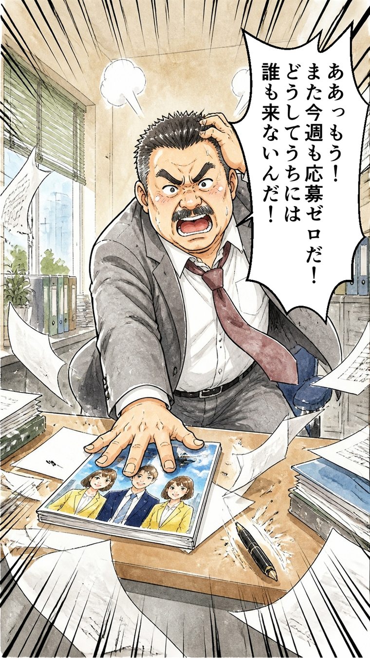 部長が机をたたき「また今週も応募ゼロだ！どうしてうちには誰も来ないんだ！」と叫ぶ