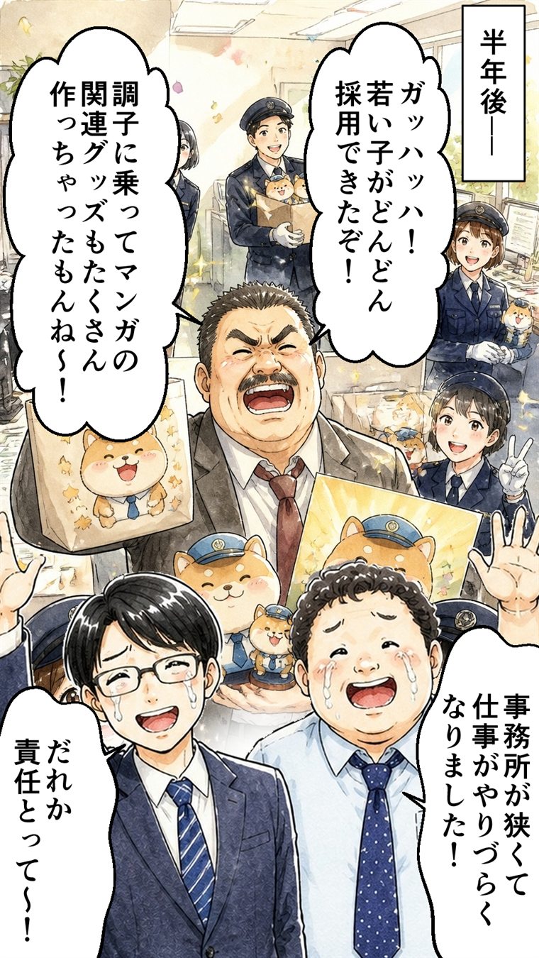 半年後。部長「ガッハッハ！若い子がどんどん採用できたぞ！調子に乗ってマンガの関連グッズもたくさん作っちゃったもんね〜！」。社員「事務所が狭くて仕事がやりづらくなりました！」「だれか責任とって〜！」