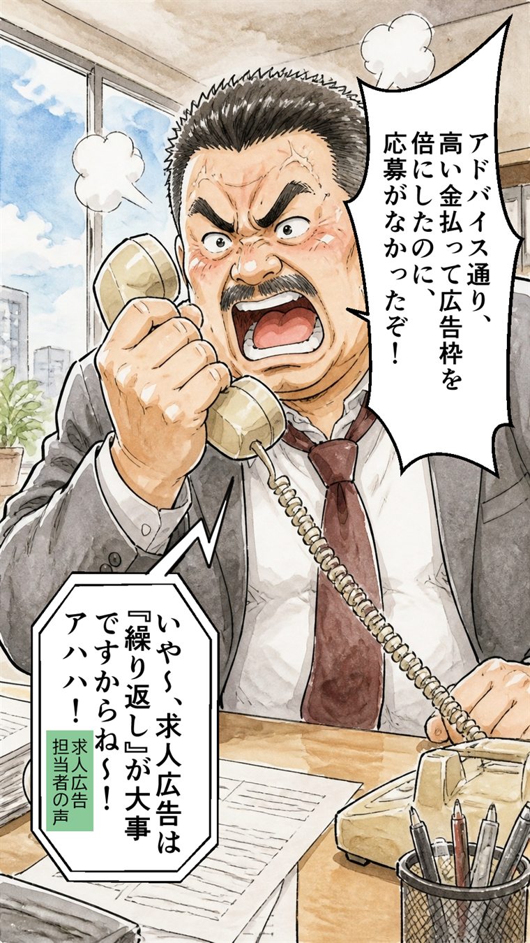 電話で怒る部長「アドバイス通り、高い金払って広告枠を倍にしたのに、応募がなかったぞ！」。求人広告担当者「いや〜、求人広告は『繰り返し』が大事ですからね〜！アハハ！」