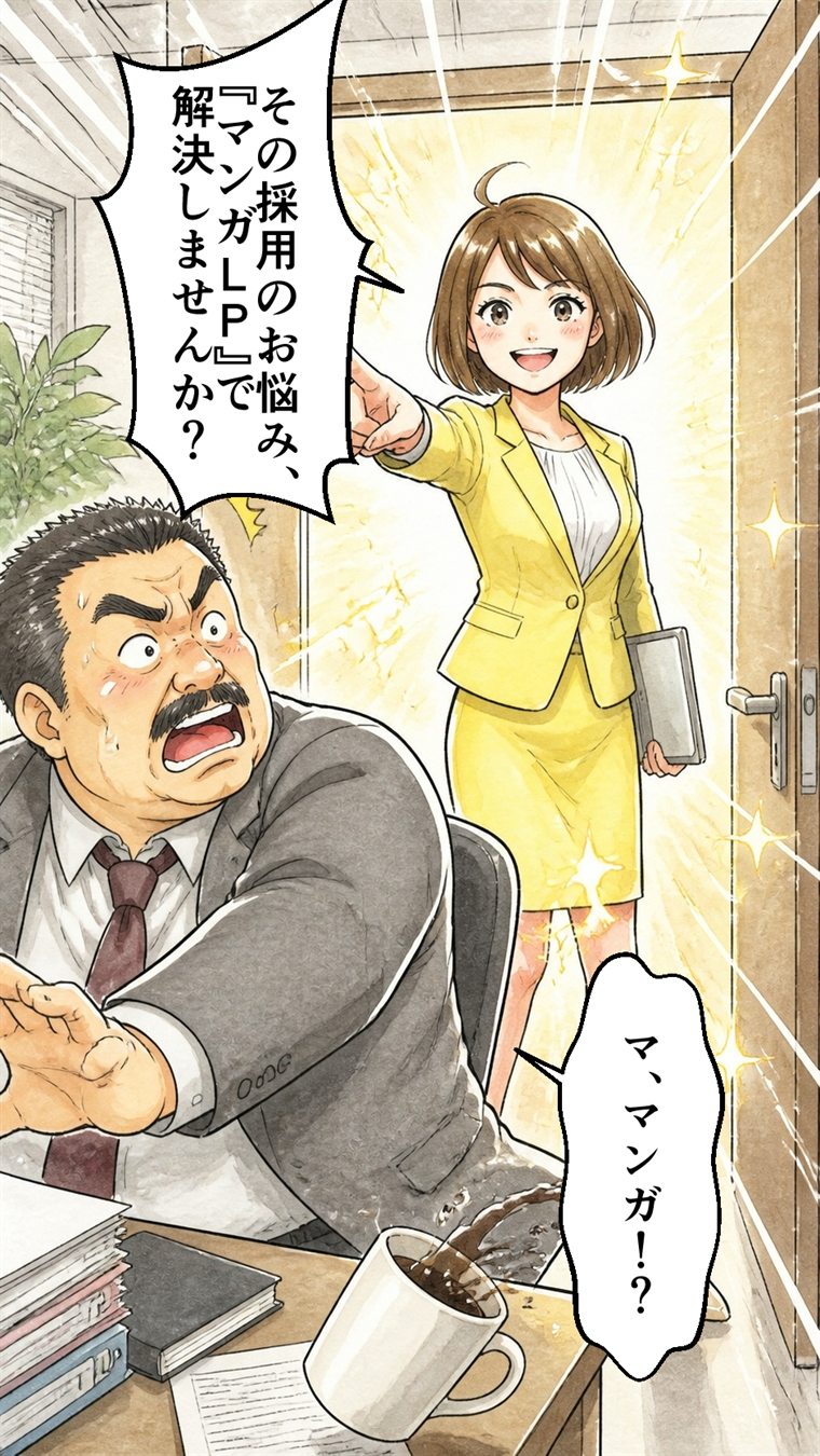 ドアを開けて現れた黄色いスーツの女性「その採用のお悩み、『マンガLP』で解決しませんか？」。驚く部長「マ、マンガ！？」