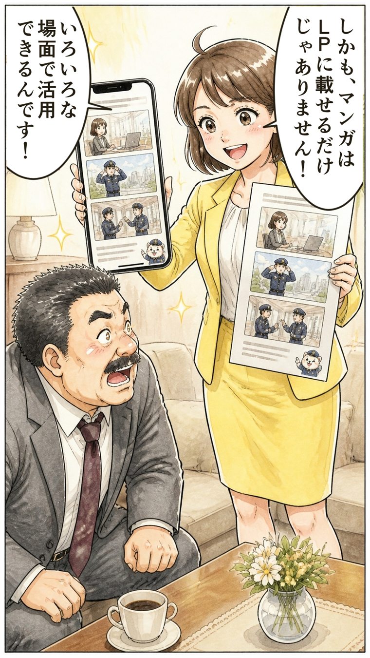 スマホと紙のマンガを見せる女性「しかも、マンガはLPに載せるだけじゃありません！いろいろな場面で活用できるんです！」。驚く部長