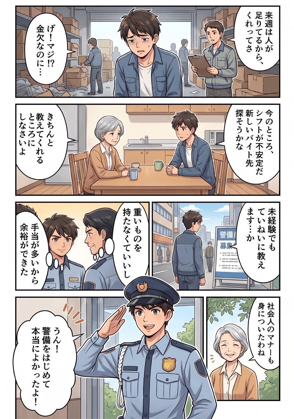 生成AIで制作した、物流バイトの青年が警備員に転職する求人マンガ