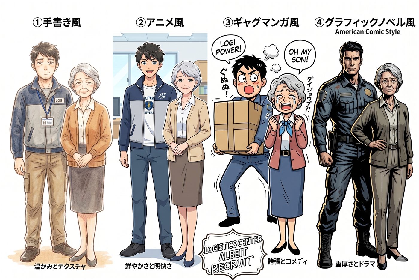 同じ2人の登場人物を手書き風・アニメ風・ギャグマンガ風・グラフィックノベル風の4タッチで描き分けた比較